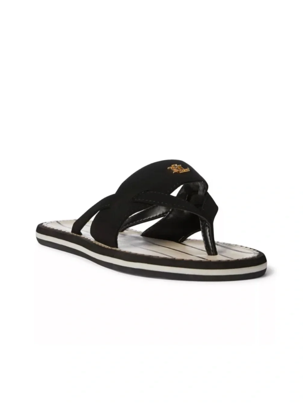 Lauren Ralph Lauren Rosalind Flip Flops Black and Cream Logo Thong Sandals 7